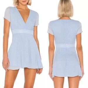 superdown revolve bree swiss dot short sleeve mini dress light blue sz XS